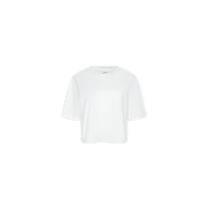 The Daria Oversized Cropped Tee, featuring a crew neck and short sleeves in classic white, is showcased against a light gray background. Made from premium Supima cotton, this T-shirt promises exceptional softness and long-lasting durability.