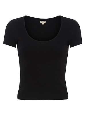 The Brynlee Scoopneck Tee by L'AGENCE, a plain black ribbed short-sleeve top, is displayed against a white background.