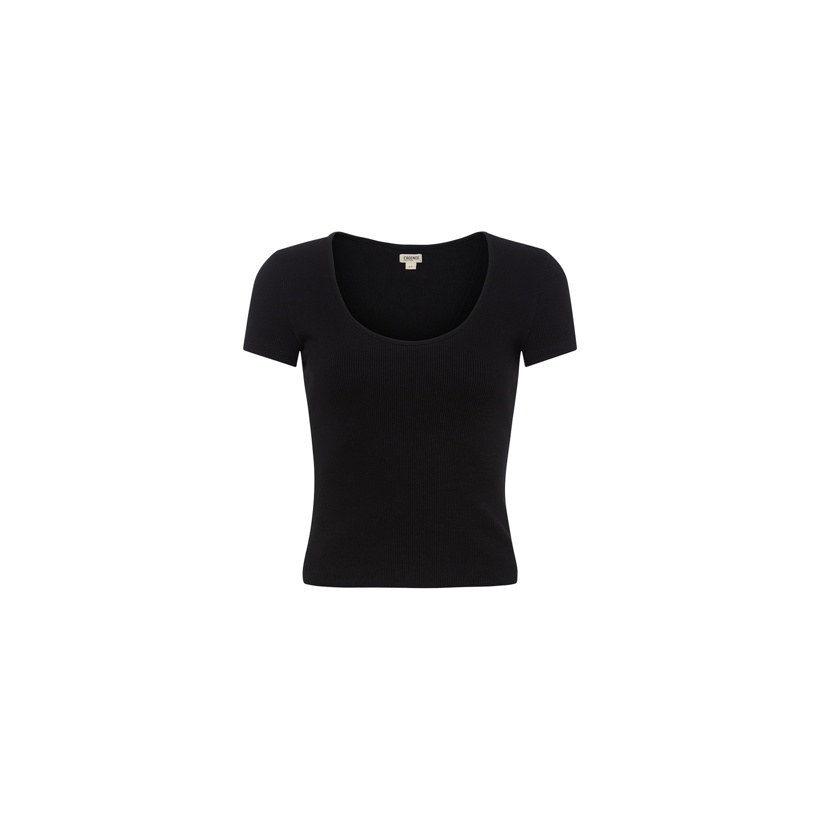 The Brynlee Scoopneck Tee, a fitted black short-sleeved t-shirt made from stretch cotton, is centered on a white background.