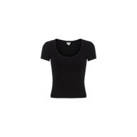 The Brynlee Scoopneck Tee, a black short-sleeve women’s t-shirt crafted from stretch cotton, is centered on a white background.