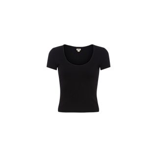 The Brynlee Scoopneck Tee, a fitted black short-sleeved t-shirt made from stretch cotton, is centered on a white background.