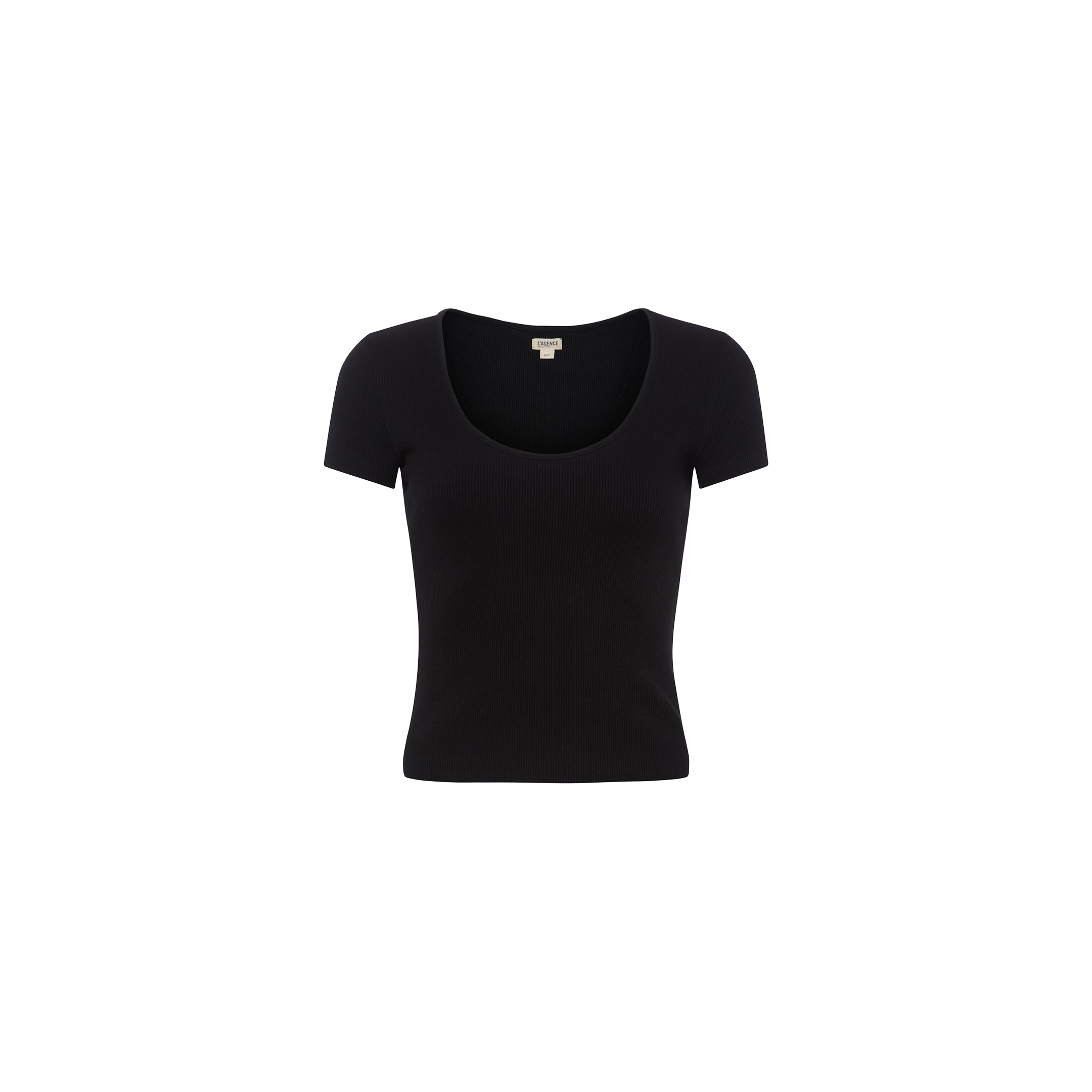 The Brynlee Scoopneck Tee, a black short-sleeve women’s t-shirt crafted from stretch cotton, is centered on a white background.