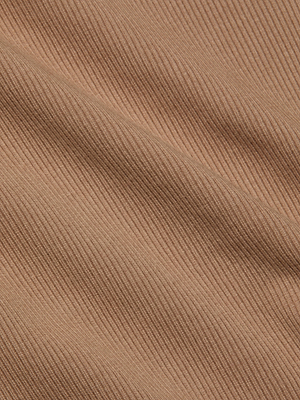 Close-up of light brown stretch cotton ribbed fabric, with diagonal ridges and folds that add texture—ideal for the Brynlee Scoopneck Tee by L'AGENCE.