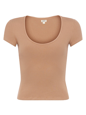 The L'AGENCE Brynlee Scoopneck Tee is a beige, short-sleeved, ribbed stretch cotton top with a classic scoop neckline, shown on a plain white background.