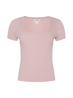 The Brynlee Scoopneck Tee is a light pink, short-sleeve ribbed top with a scoopneck, made from stretch cotton and shown on a plain white background.