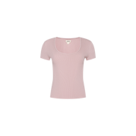The Brynlee Scoopneck Tee, shown in light pink on a plain white background, features short sleeves and a scoop neckline. Made from soft, stretchy cotton-modal with a ribbed texture.