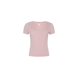 The Brynlee Scoopneck Tee, shown in light pink on a plain white background, features short sleeves and a scoop neckline. Made from soft, stretchy cotton-modal with a ribbed texture.
