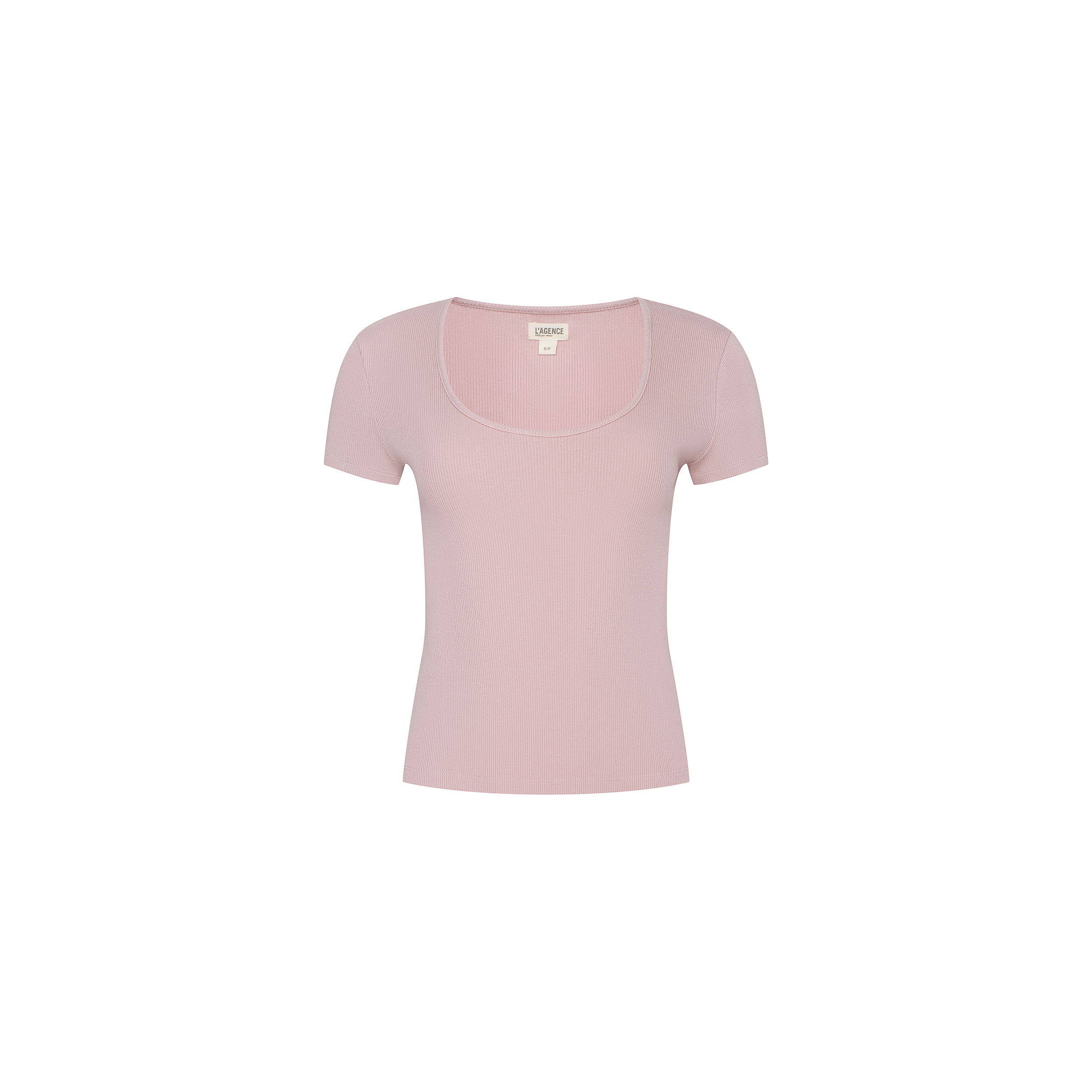 The Brynlee Scoopneck Tee, shown in light pink on a plain white background, features short sleeves and a scoop neckline. Made from soft, stretchy cotton-modal with a ribbed texture.