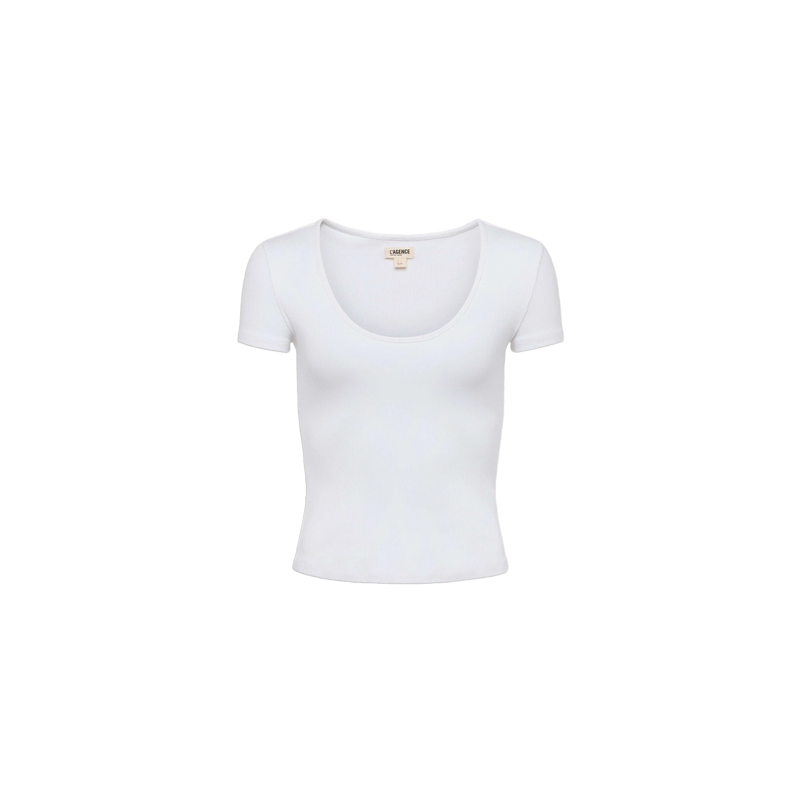 The Brynlee Scoopneck Tee, a plain white short-sleeve T-shirt made from stretch cotton, is showcased against a white background.