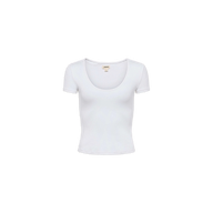 The Brynlee Scoopneck Tee is a women’s short-sleeve, ribbed stretch cotton top in plain white, featuring a scoop neckline and shown against a white background.