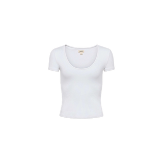 The Brynlee Scoopneck Tee, a plain white short-sleeve T-shirt made from stretch cotton, is showcased against a white background.