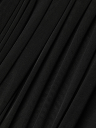 Close-up of the Poppie Off-The-Shoulder Bodysuit in black, featuring finely pleated fabric with a subtle stretch mesh texture and diagonal, evenly spaced folds for a sleek, sculpted look.