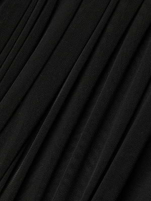 Close-up of black stretch mesh with diagonal, evenly spaced pleats, adding texture and subtle shadows—perfect for the Poppie Off-The-Shoulder Bodysuit's sleek look.