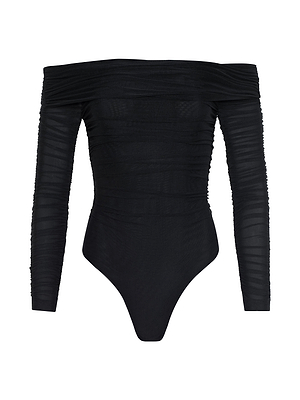 The Poppie Off-The-Shoulder Bodysuit is a black, long-sleeve piece with ruched detailing, crafted from stretch mesh and shown on a plain white background.