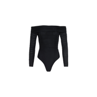 The Poppie Off-The-Shoulder Bodysuit is a black long-sleeve bodysuit with ruched detailing along the sleeves and torso, crafted from stretch mesh fabric and shown on a plain white background.