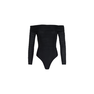 The Poppie Off-The-Shoulder Bodysuit is a black long-sleeve piece crafted from stretch mesh, featuring sheer ruched detailing along the sleeves and torso, shown against a plain white background.