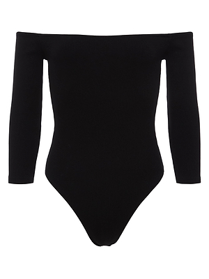 The Evelyn Off-The-Shoulder Bodysuit by L'AGENCE is a black, fitted stretch cotton piece with long sleeves and high-cut leg openings, shown against a white background.