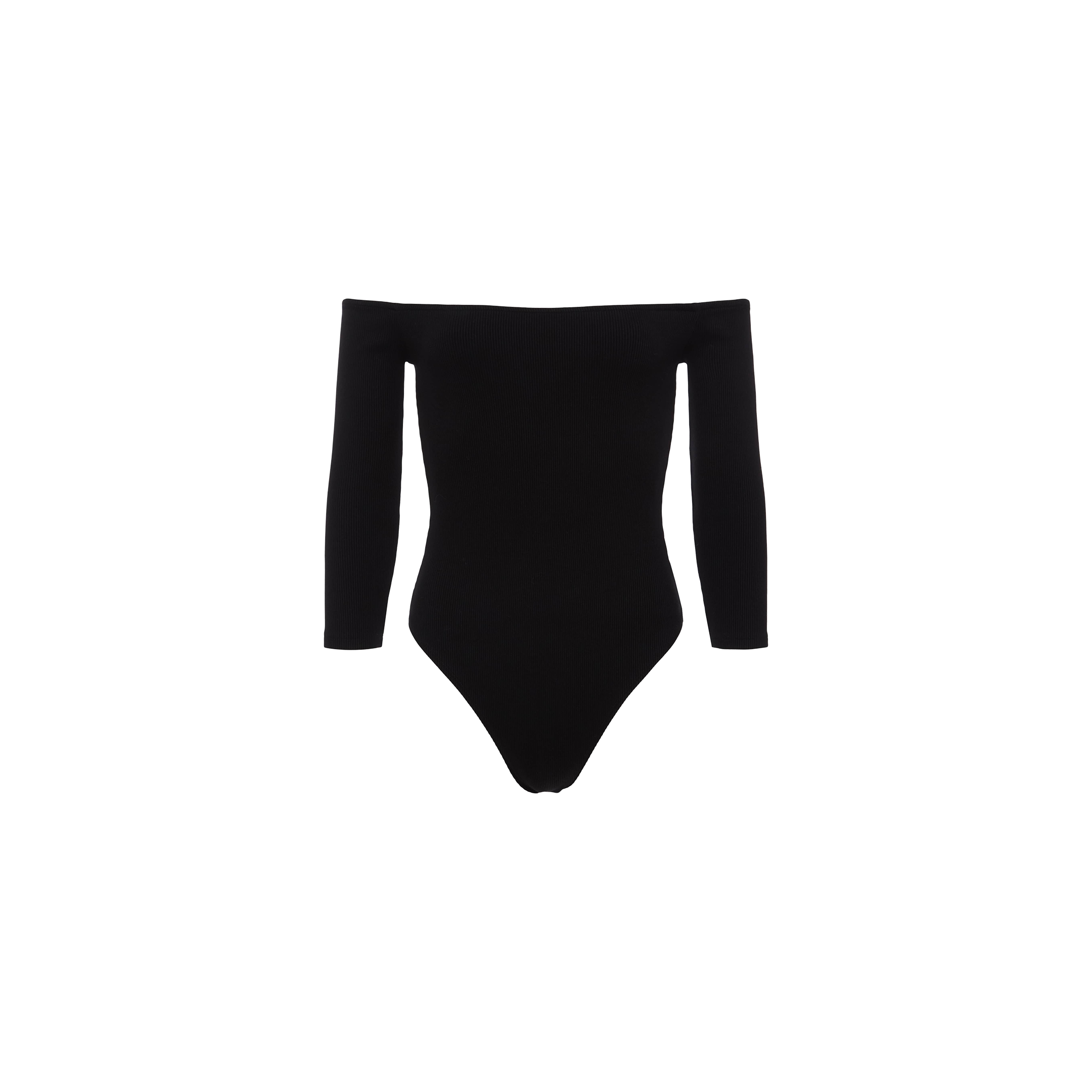 The Evelyn Off-The-Shoulder Bodysuit, crafted from black stretch cotton modal with an elegant off-the-shoulder and long-sleeve design, is displayed against a plain white background.