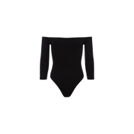 The Evelyn Off-The-Shoulder Bodysuit, crafted from black stretch cotton modal with an elegant off-the-shoulder and long-sleeve design, is displayed against a plain white background.