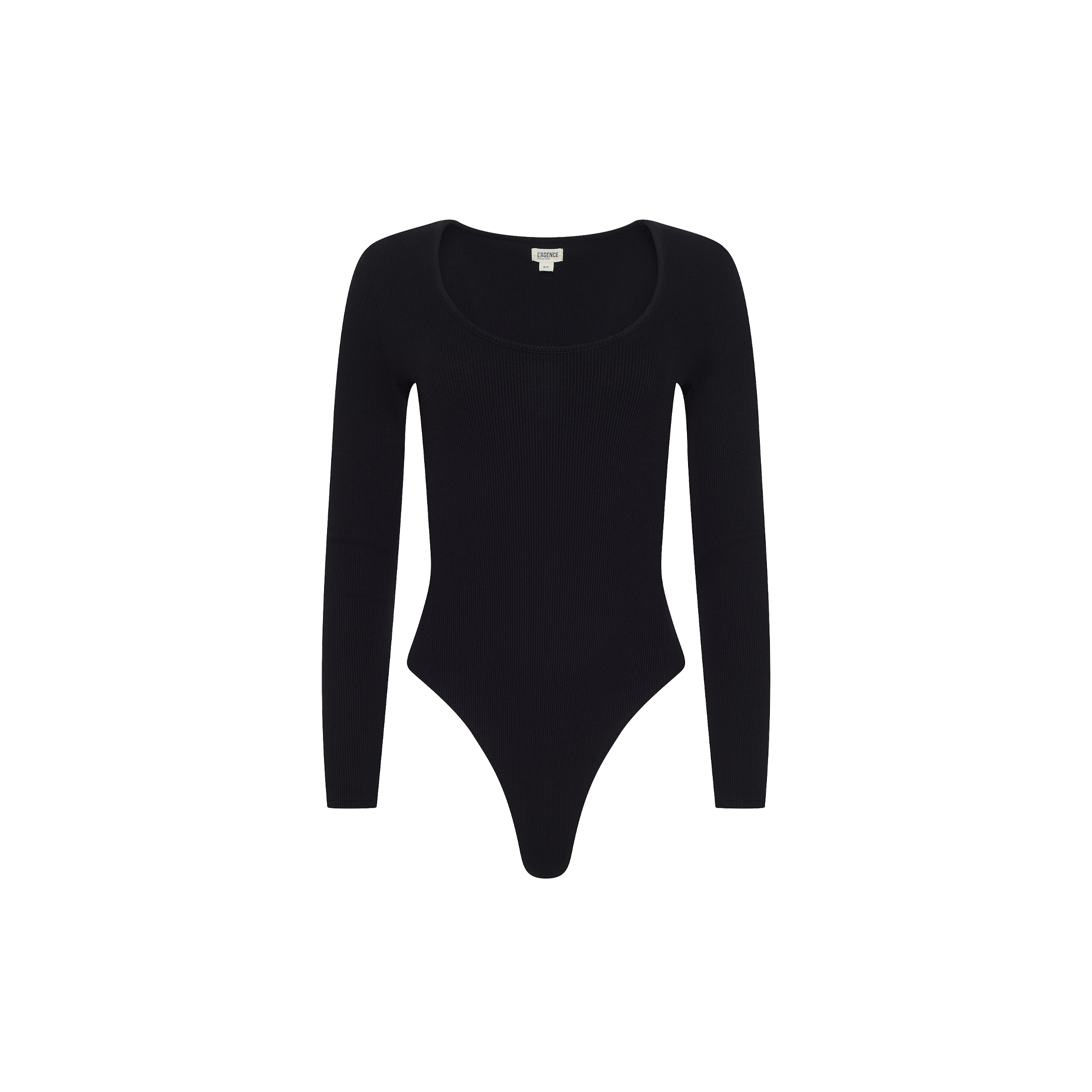 Elara Scoopneck Bodysuit in black stretch cotton featuring a scoop neckline and ribbed texture.
