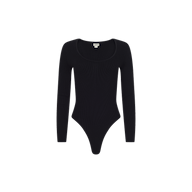 Elara Scoopneck Bodysuit in black stretch cotton featuring a scoop neckline and ribbed texture.