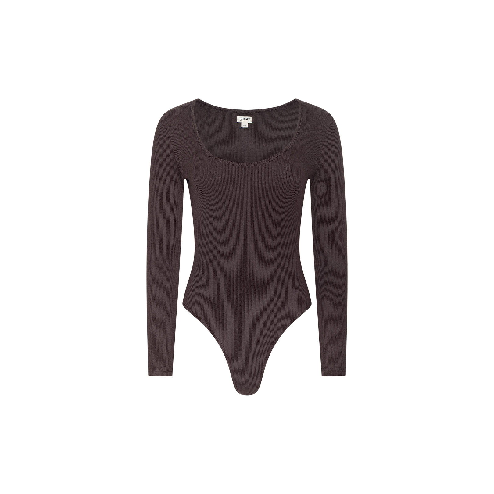 The Elara Scoopneck Bodysuit is a dark brown, long-sleeve piece crafted from stretch cotton modal, featuring a body-contouring fit and a thong cut. It is displayed on a white background.