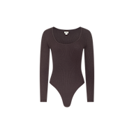 The Elara Scoopneck Bodysuit is a dark brown, long-sleeve piece crafted from stretch cotton modal, featuring a body-contouring fit and a thong cut. It is displayed on a white background.