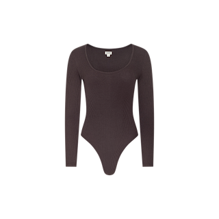 Elara Scoopneck Bodysuit: A long-sleeve, dark brown ribbed bodysuit featuring a scoop neckline and body-contouring fit, crafted from stretch cotton and shown against a plain white background.