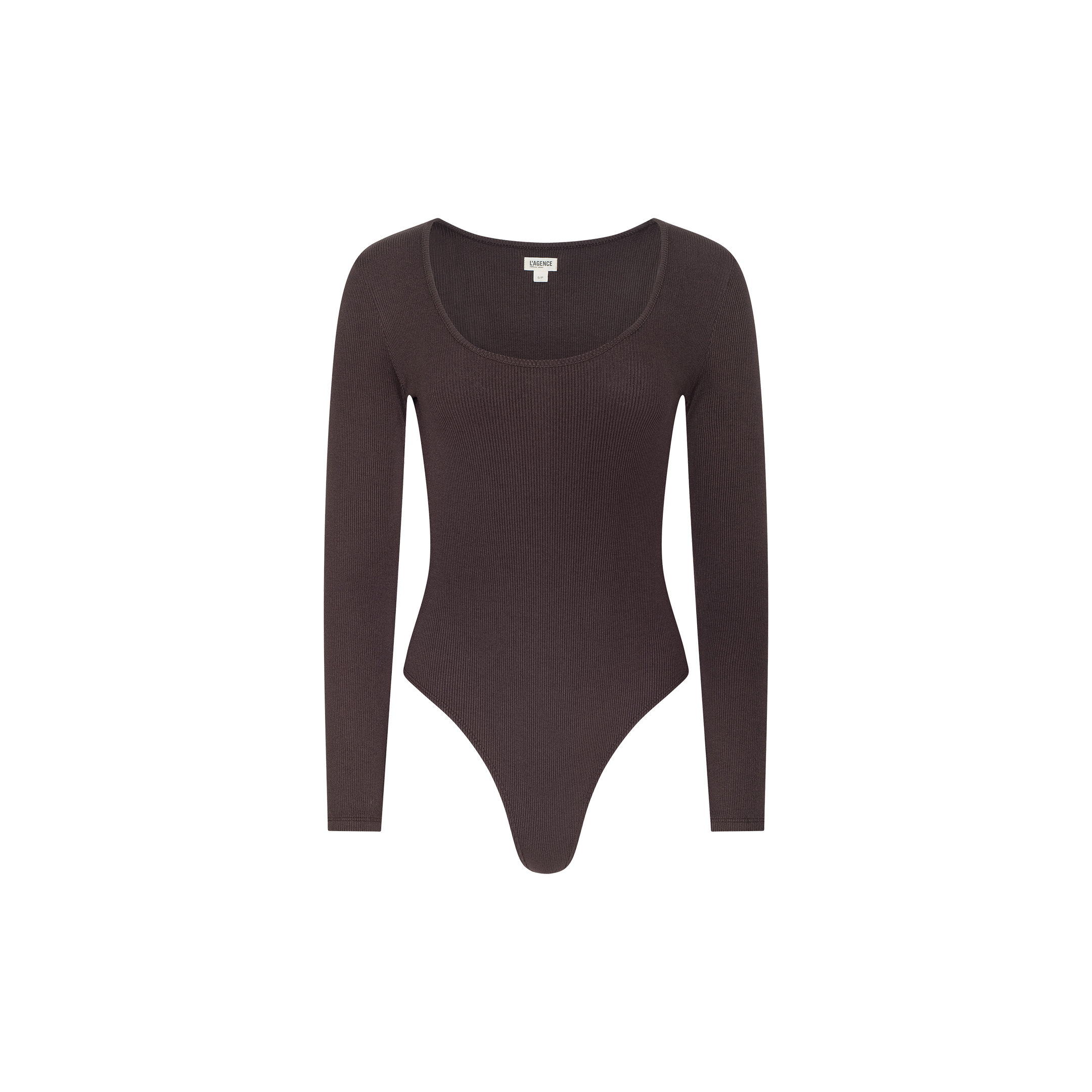 The Elara Scoopneck Bodysuit is a dark brown, long-sleeve piece crafted from stretch cotton modal, featuring a body-contouring fit and a thong cut. It is displayed on a white background.