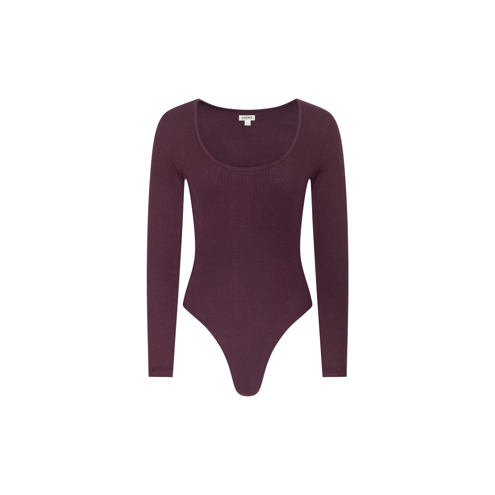 The Elara Scoopneck Bodysuit features long sleeves and a scoop neckline in a rich dark plum purple shade, crafted from stretch cotton modal for a comfortable, body-hugging fit. It is shown against a plain white background.
