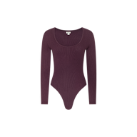The Elara Scoopneck Bodysuit features long sleeves and a scoop neckline in a rich dark plum purple shade, crafted from stretch cotton modal for a comfortable, body-hugging fit. It is shown against a plain white background.