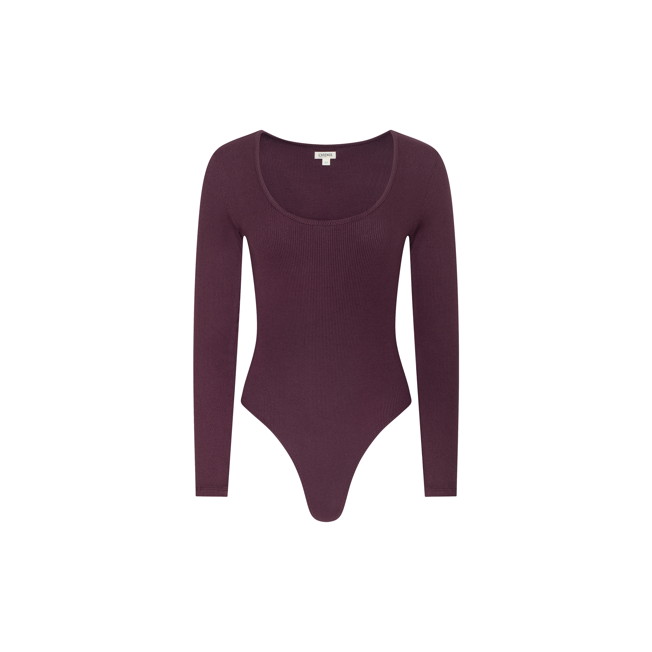 The Elara Scoopneck Bodysuit features long sleeves and a scoop neckline in a rich dark plum purple shade, crafted from stretch cotton modal for a comfortable, body-hugging fit. It is shown against a plain white background.