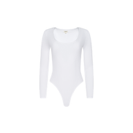 Elara Scoopneck Bodysuit in white featuring a ribbed texture, long sleeves, and a scoop neckline.