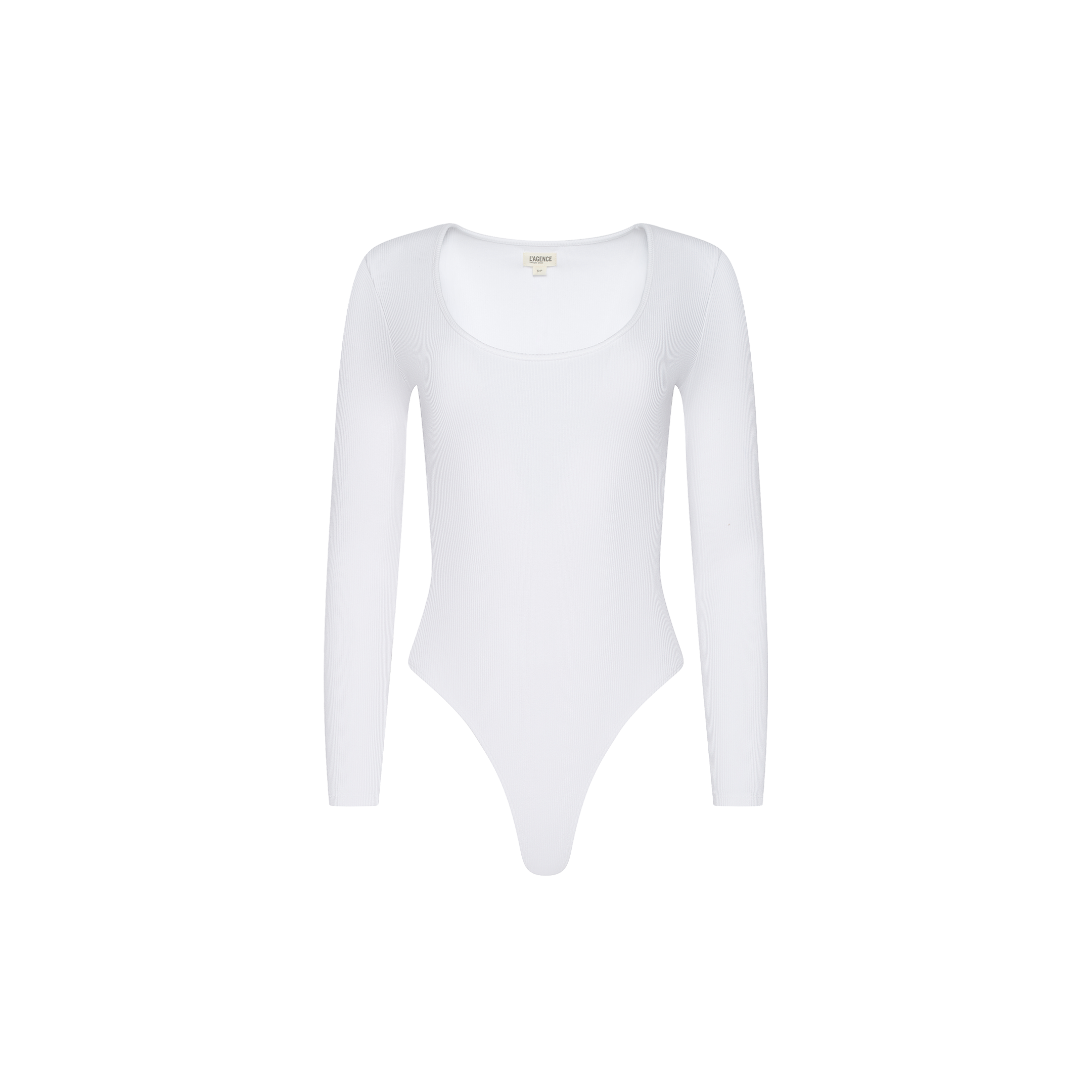 Elara Scoopneck Bodysuit in white featuring a ribbed texture, long sleeves, and a scoop neckline.
