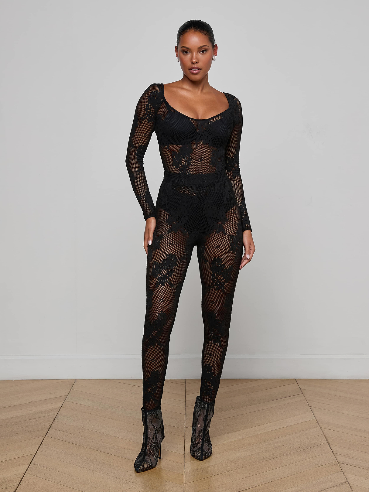 Gwendolyn Mesh Knit Bodysuit in Black | L'AGENCE
