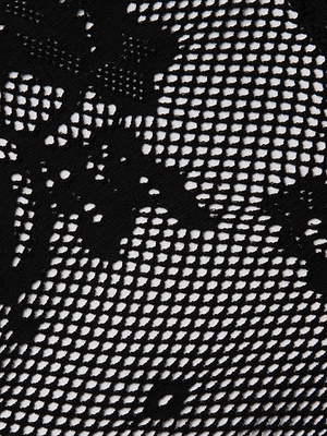 Close-up of the Gwendolyn Mesh Knit Bodysuit by L'AGENCE, featuring black lace with a floral jacquard pattern and sheer mesh background that highlights its intricate, delicate details.