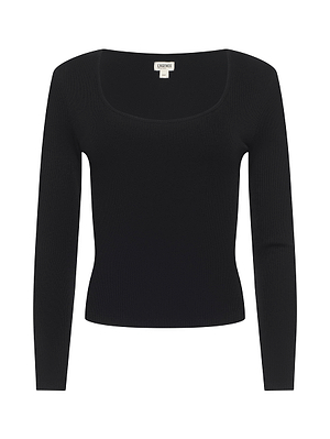 The Scarlet Scoopneck Tee by L'AGENCE is a black, long-sleeve stretch jersey top with ribbed texture and a flattering square neckline, shown against a white background.