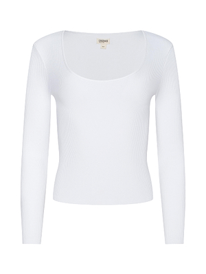 The Scarlet Scoopneck Tee by L'AGENCE, shown on a white background, is a white ribbed knit long-sleeve featuring a classic scoop neckline.