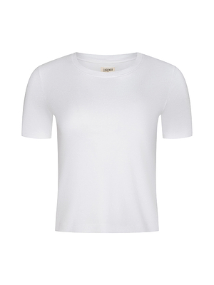 The Stormy Cropped Cotton Tee, a plain white organic cotton crew neck with short sleeves and a semi-relaxed fit, is shown from the front on a white background.
