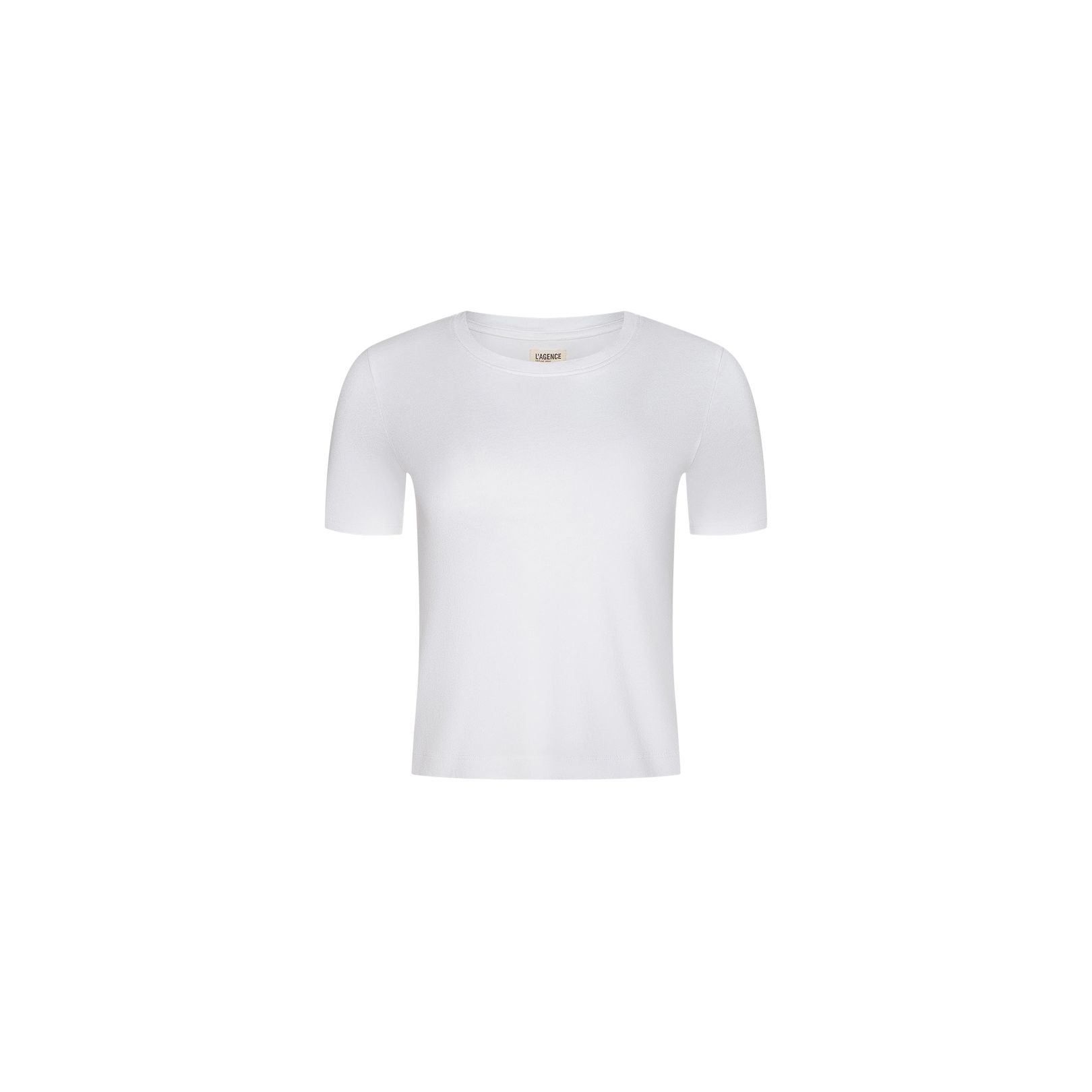 Stormy Cropped Cotton Tee in plain white, displayed on a white background. This short-sleeve crew neck top offers a semi-relaxed fit and is crafted from organic cotton, shown centered with no visible logos, patterns, or additional design elements.