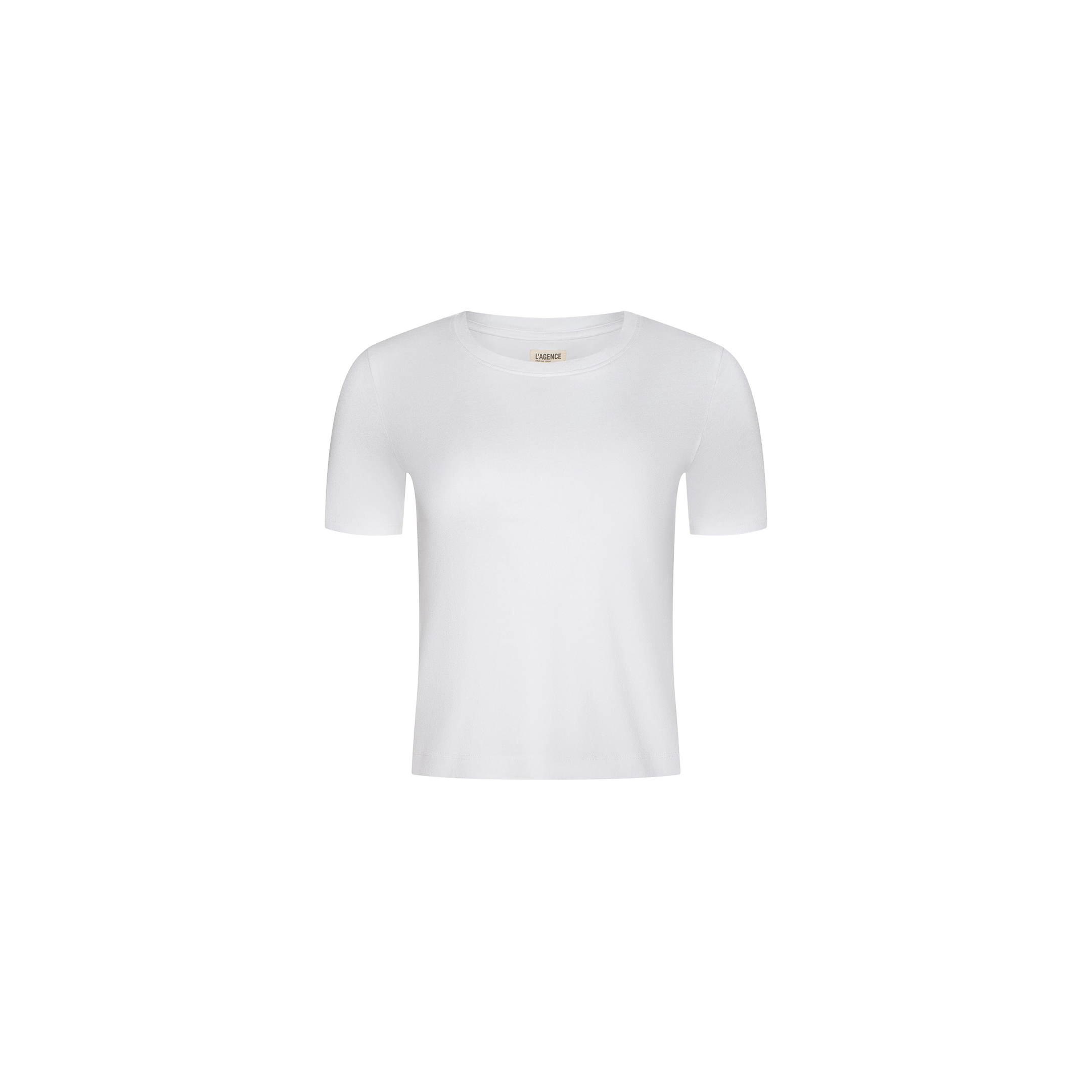 Stormy Cropped Cotton Tee in plain white, displayed on a white background. This short-sleeve crew neck top offers a semi-relaxed fit and is crafted from organic cotton, shown centered with no visible logos, patterns, or additional design elements.