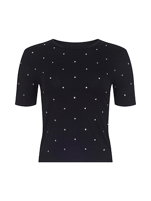 The Stormy Embellished Tee by L'AGENCE is a black cropped stretch rayon jersey top with small white dots patterned across the front, shown against a plain white background.
