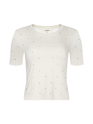 The Stormy Embellished Tee is a plain white, cropped short-sleeve top with a round neckline and small, evenly spaced black dots, shown against a white background.