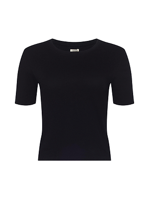 The Stormy Cropped Cotton Tee is a black, short-sleeve crew neck made from organic cotton, shown on a white background.