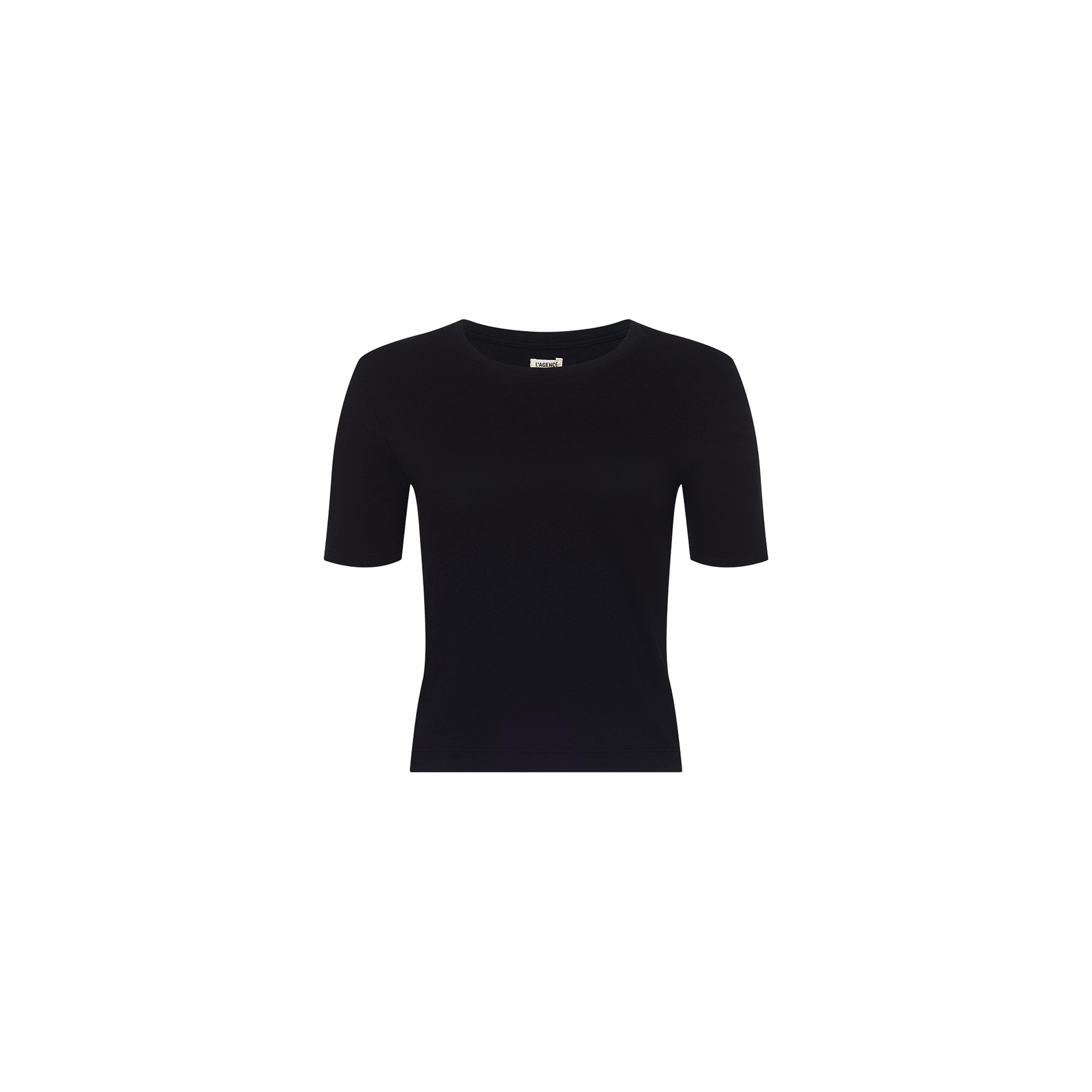 The Stormy Cropped Cotton Tee, featuring a plain black organic cotton design with a semi-relaxed fit and cropped length, is centered on a white background and displayed from the front.