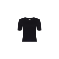 The Stormy Cropped Cotton Tee, featuring a plain black organic cotton design with a semi-relaxed fit and cropped length, is centered on a white background and displayed from the front.