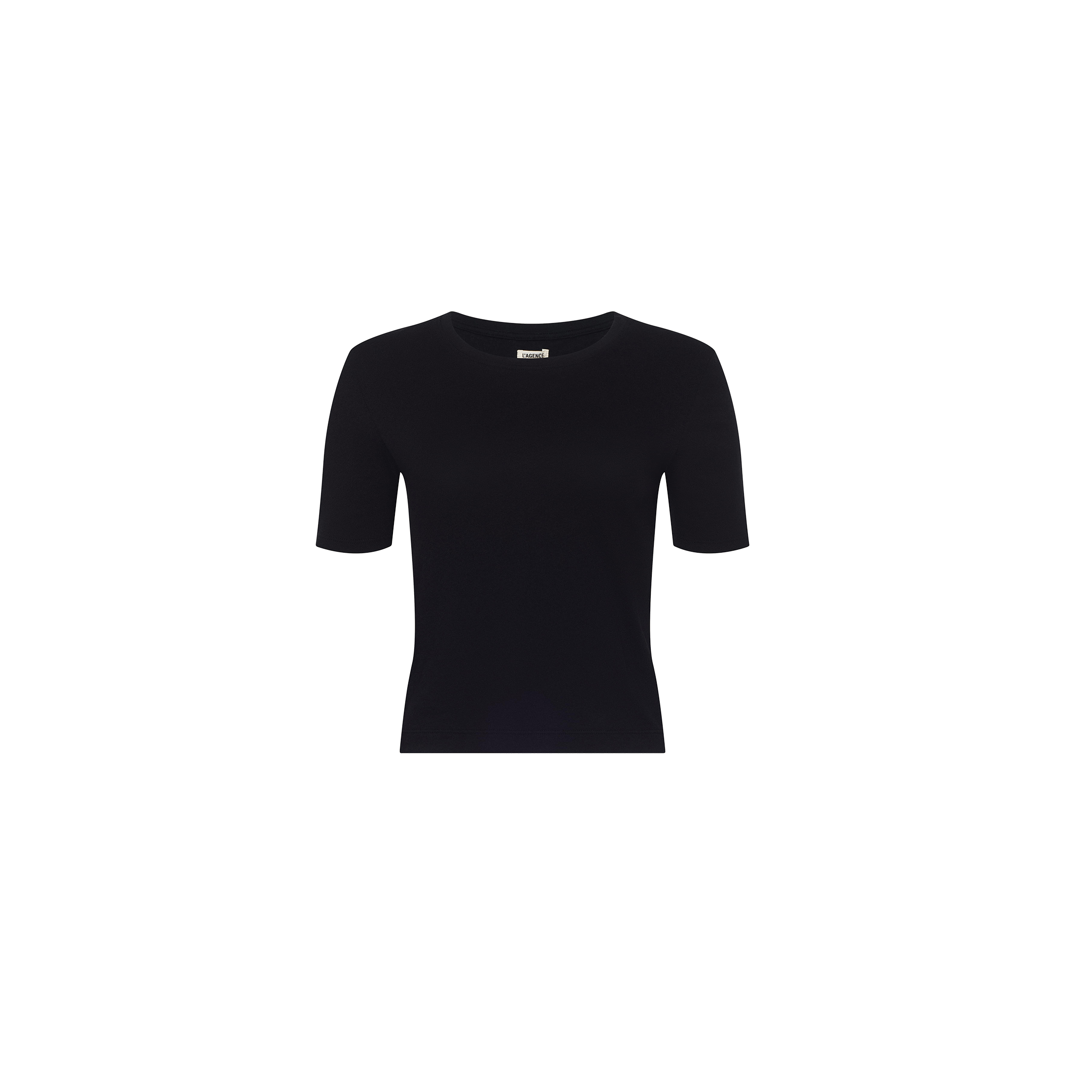 The Stormy Cropped Cotton Tee, featuring a plain black organic cotton design with a semi-relaxed fit and cropped length, is centered on a white background and displayed from the front.