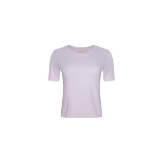 The Stormy Cropped Cotton Tee is a short-sleeved top in pastel lavender, featuring a semi-relaxed fit and crafted from soft organic cotton, shown here against a white background.