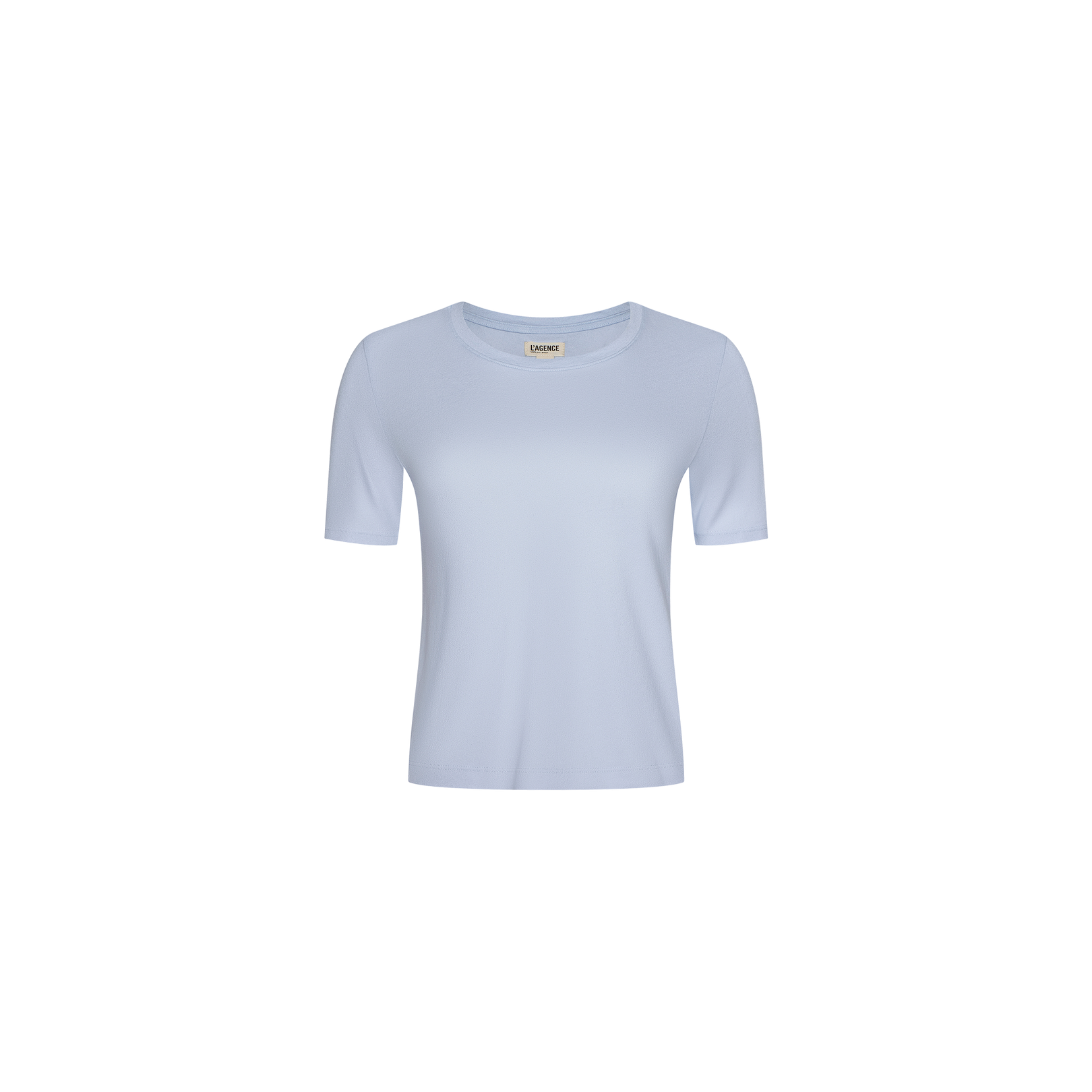 The Stormy Cropped Cotton Tee, a semi-relaxed organic cotton shirt in light blue with a cropped length, is centered on a white background and displayed from the front.