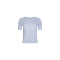 The Stormy Cropped Cotton Tee, a semi-relaxed organic cotton shirt in light blue with a cropped length, is centered on a white background and displayed from the front.